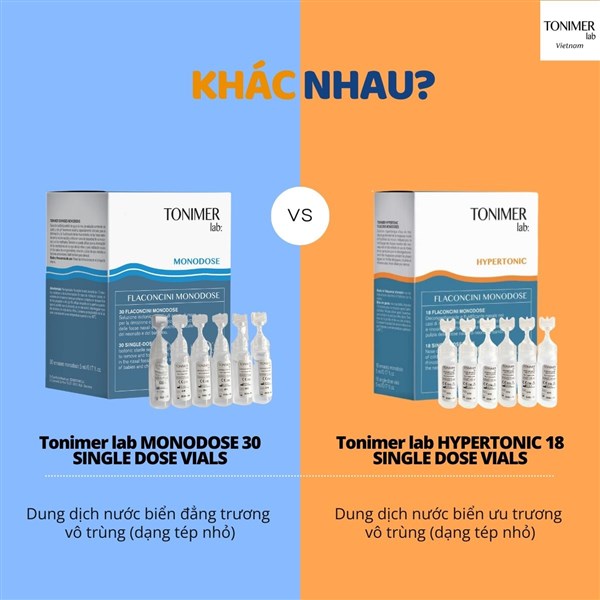 Khác nhau giữa Tonimer Lab Monodose 30 và Tonimer Lab Hypertonic 18 (dạng tép nhỏ)