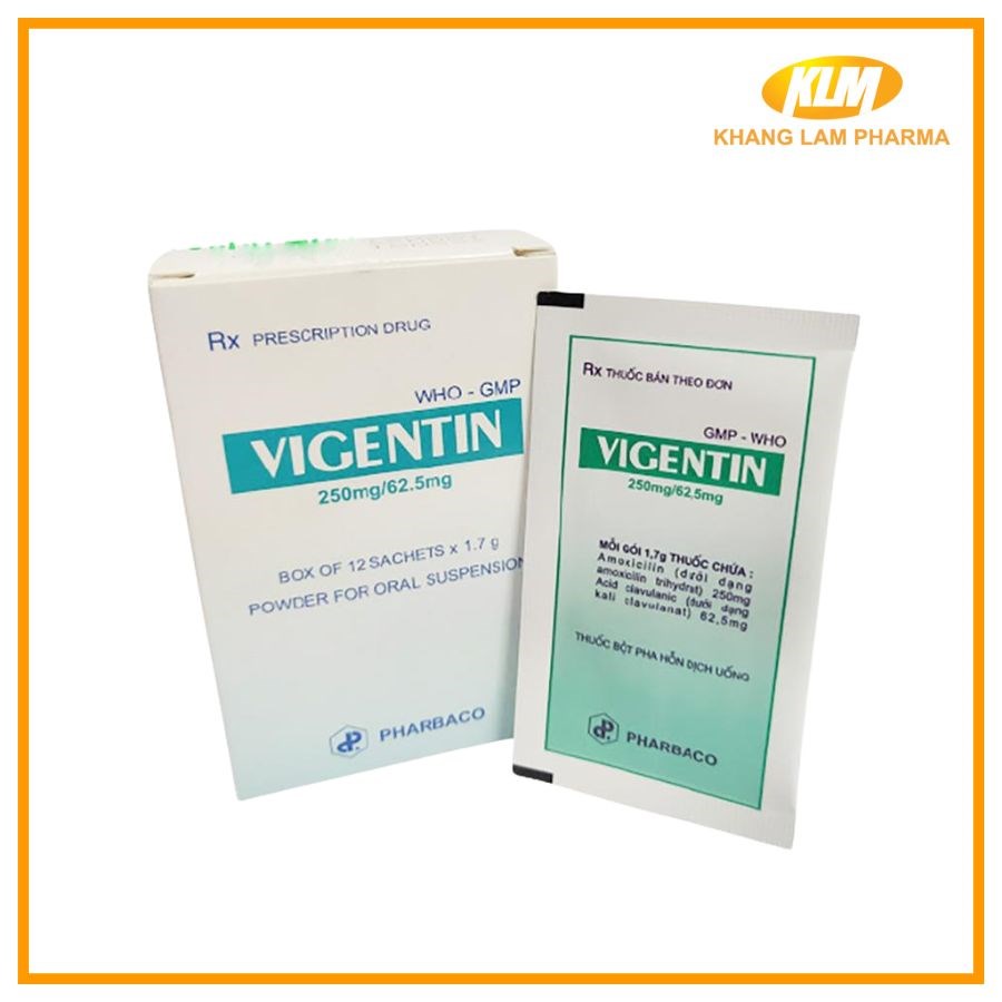 Vigentin 250mg/62.5mg - Nhiễm khuẩn đường hô hấp, viêm phổi - phế quản (Hộp 12 gói x 1,7mg)